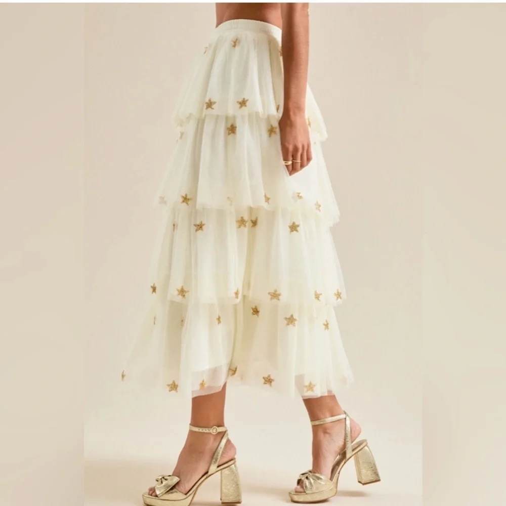 Altar'd State Cream Skirt with Gold Star Details - Picture 2 of 4